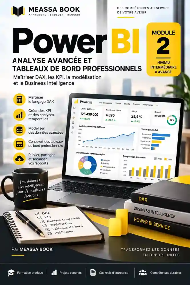 Couverture du livre Power BI - Analyse Avancée et Tableaux de Bord Professinnels de Meassa Book
